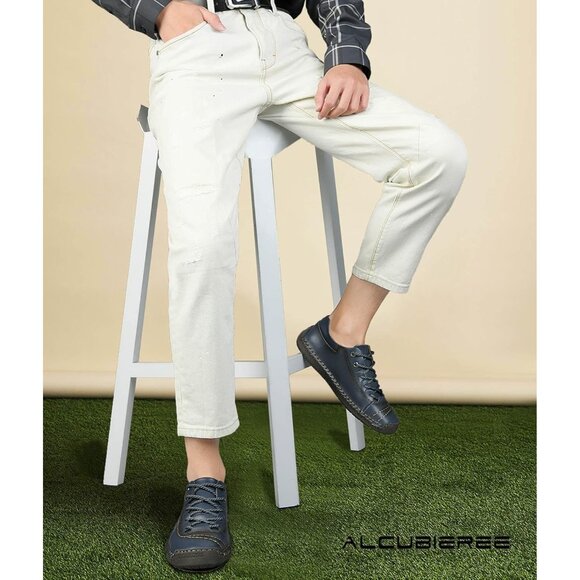 Alcubieree Men Blue Leather Casual Fashion Loafer Driving Rubber Sole Sneakers - Picture 2 of 8